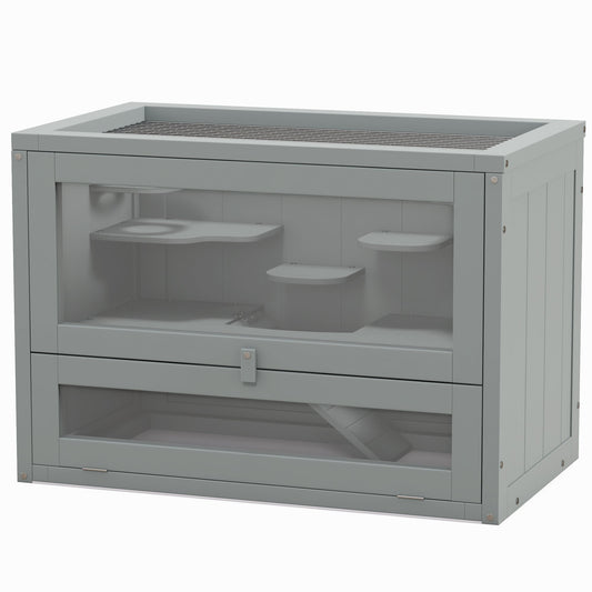 2-Level Hamster Cage with Openable Top, Door, Shelf, Ladder, Gray