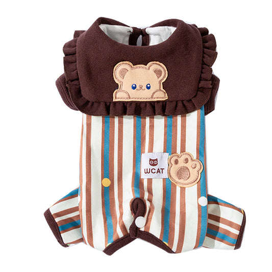 Cute Bear Patch Striped Pet Onesie, Ruffled Collar Dog Jumpsuit With Paw Print Detail For Small Dogs