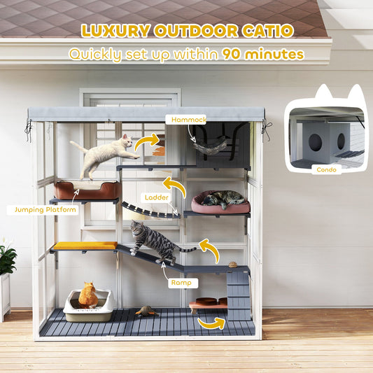 Large Outdoor Catio Cat Enclosure With Hammock, Condo,Platforms, Ladders, Ramps, Tarp, For 2-4 Large Cats, Gray