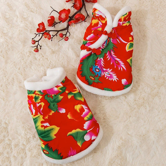 Puppy Clothes Winter New Year Northeast Big Flower Jacket Corgi Teddy Bear Pomeranian Pet Cat Padded Jacke