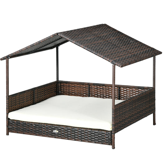 Outdoor Dog Bed with Canopy, Rattan Dog Bed with Soft Cushion Removable Cover for Medium and Large Dogs, Cream White