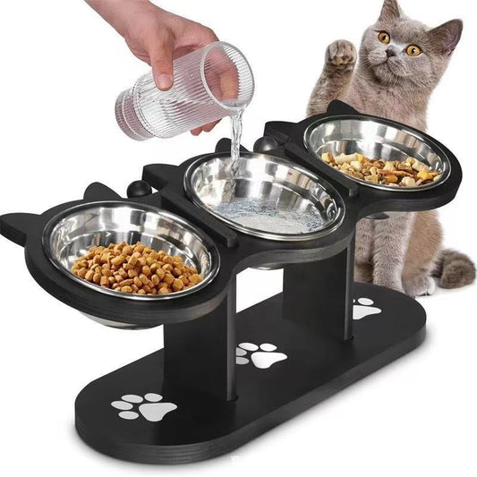 KFX-1546941 Adjustable Vertical Wooden Pet Feeder with Double Bowls - Black Dining Table