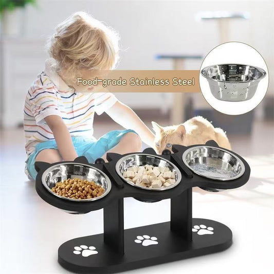 KFX-1546941 Adjustable Vertical Wooden Pet Feeder with Double Bowls - Black Dining Table