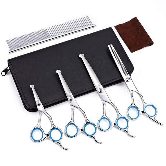 KFX-1625917 Stainless Steel Pet Trimming Shears Set with Accessories - 8 Pieces Including Comb and Leather Case