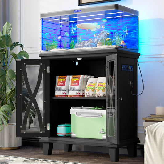 KFX-3215549 20-Gallon Aquarium Rack with Adjustable Shelves, 4 AC and 2 USB Outlets, Farmhouse Design with Storage Cabinet