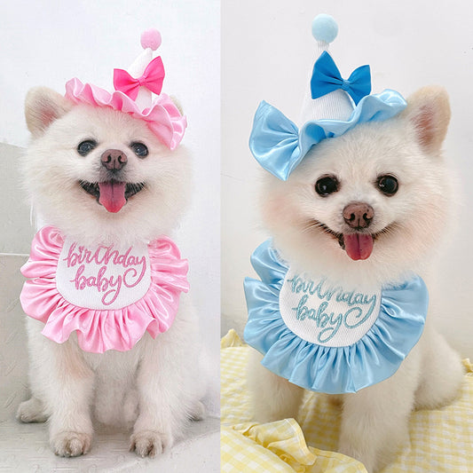 KFX-3922237 Cute Dog Birthday Bib and Hat Set with Embroidery for All Seasons