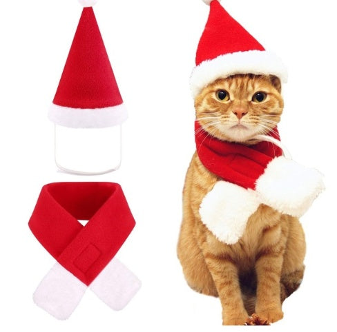 KFX-3955005 Red Short Plush Christmas Hat and Scarf Set for Small Pets