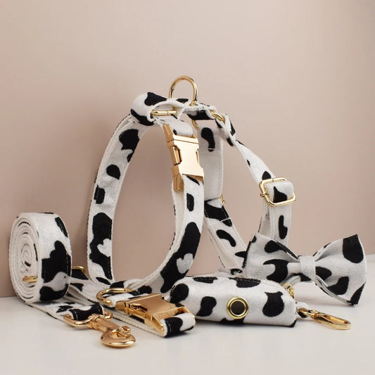KFX-4141501 Cows Print Dog Collar Bow and Vest Set with Leash and Waste Bag