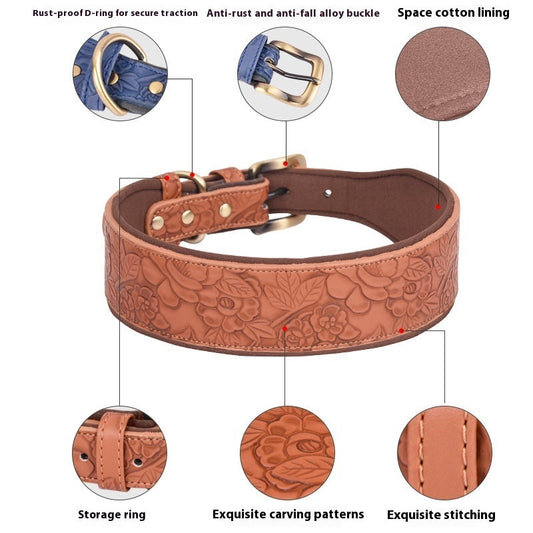 KFX-4272573 Embossed Leather Dog Collar with Soft Cotton Lining - Available in Multiple Colors