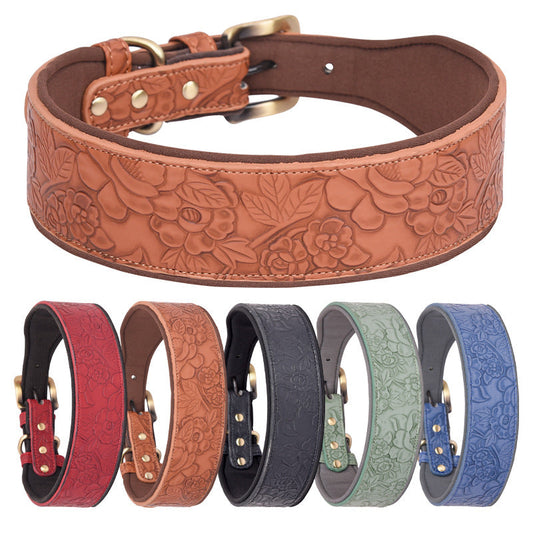 KFX-4272573 Embossed Leather Dog Collar with Soft Cotton Lining - Available in Multiple Colors