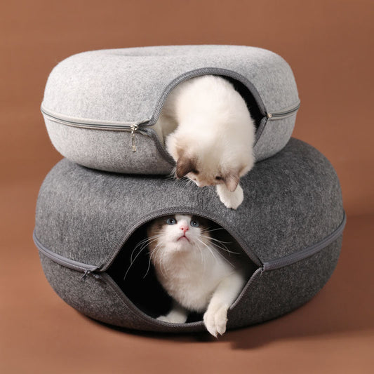KFX-4385469 Dual-Use Round Woolen Felt Cat Nest and Tunnel - Removable & Washable Interactive Training Toy in Grey