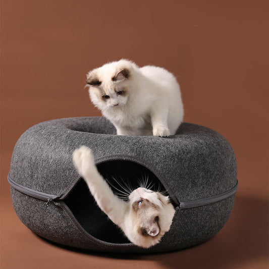 KFX-4385469 Dual-Use Round Woolen Felt Cat Nest and Tunnel - Removable & Washable Interactive Training Toy in Grey