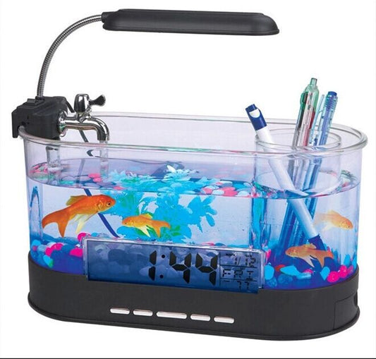 KFX-4395197 Mini USB Desktop Aquarium with Time, Date, Week, Temperature, and Alarm Features, Black Pen Holder