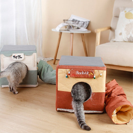 KFX-4713149 Foldable Semi-Enclosed Cat Nest in Matcha or Bar Square Design, Removable and Washable Pet Bed