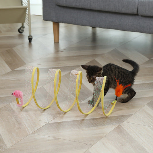 KFX-4778685 Foldable Cat Tunnel with Feather and Sisal Mouse Balls - Interactive Play Toy for Kittens and Cats