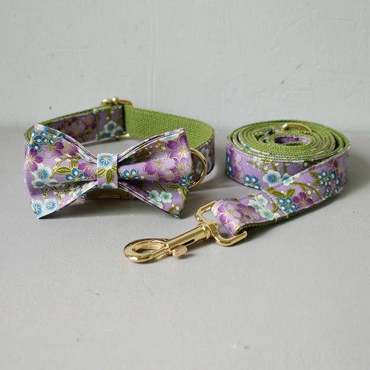 KFX-4829629 Purple Cotton Dog Leash and Collar Set with Bows – Fashionable and Simple Design