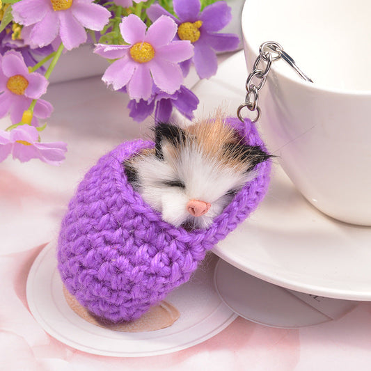 KFX-5119037 Sleeping Cat Metal Key Ring with Soft Wool Cloth Attachment