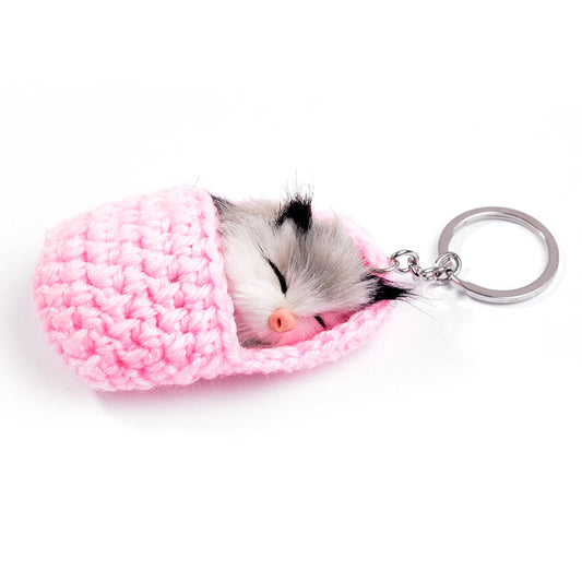 KFX-5119037 Sleeping Cat Metal Key Ring with Soft Wool Cloth Attachment