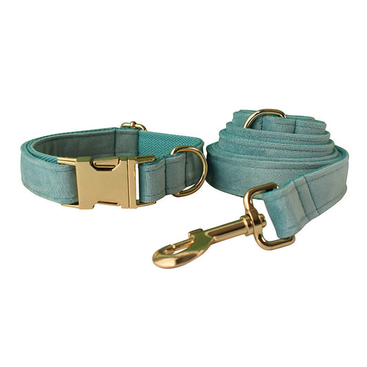 KFX-5124541 Lake Green Velvet Double Layer Dog Collar with Gold Buckle and Leash Set, Bow Included, Sizes S-XL