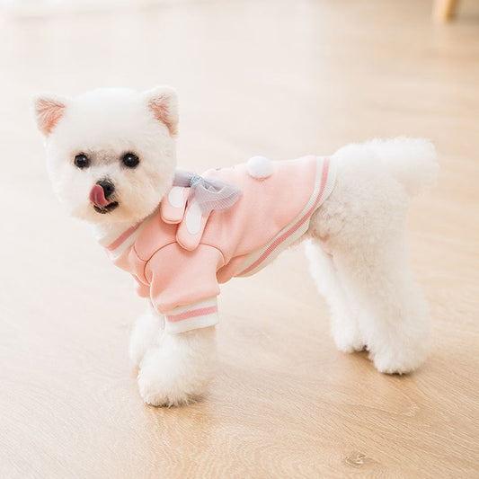 KFX-5445565 Cute Cartoon Dog Sweater with Three-Dimensional Rabbit Ears and Mesh Bow in Sakura Pink Pastel