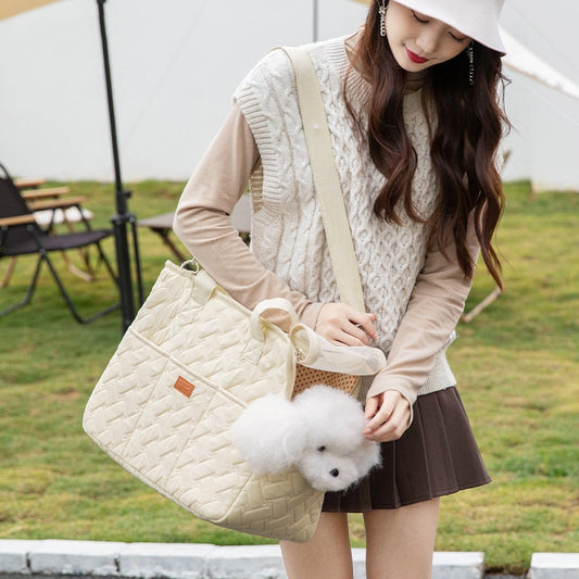 KFX-6560829 Lightweight Beige Canvas Crossbody Pet Carrier Bag for Cats