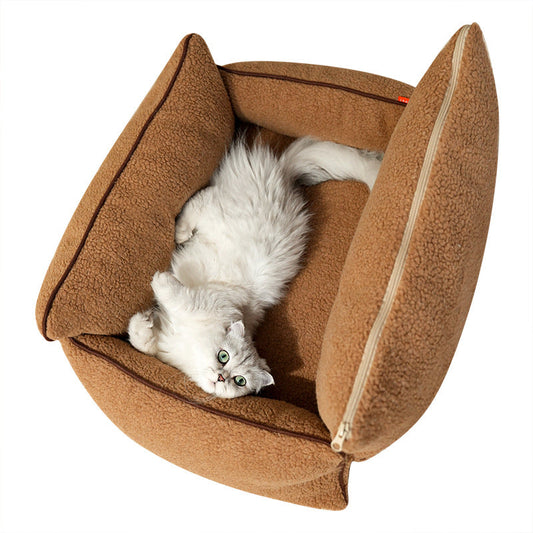 KFX-6938173 Cozy Brown and White Removable Lambswool Pet Bed for Dogs and Cats - All Season Universal Sofa