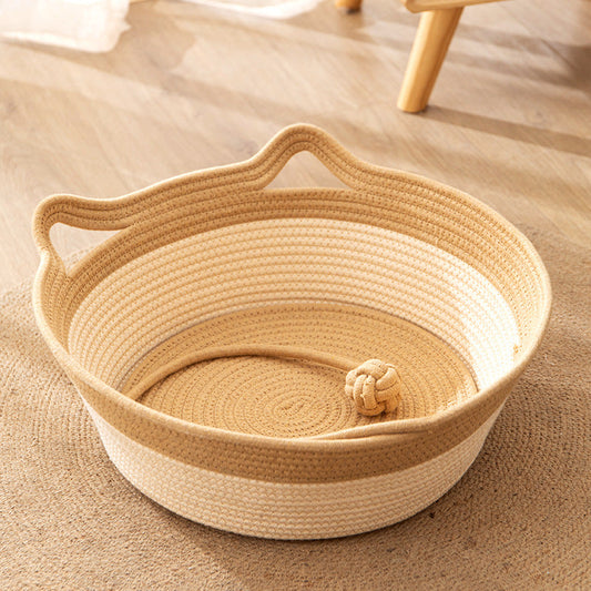 KFX-7102013 Coarse Linen Rattan Cat Nest - Universal Cat Bed for All Seasons, Woven Sleeping Mat in Beige Khaki