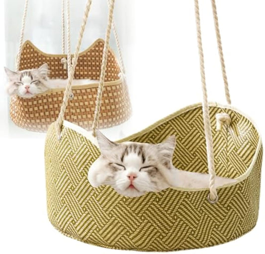 KFX-7201725 Breathable Rattan Cat Hammock with Metal Hooks - Comfortable Indoor/Outdoor Pet Bed for Small Animals