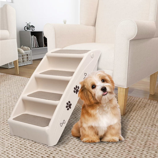 KFX-7236285 Foldable Cream Dog Stairs for Small & Large Pets - Sturdy, Non-Slip, Portable Design