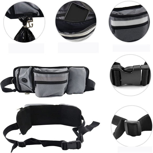 KFX-7451325 Multifunctional Pet Fanny Pack for Dog Walking and Training - Medium Soft Polyester, Striped Design, Available in Black and Gray