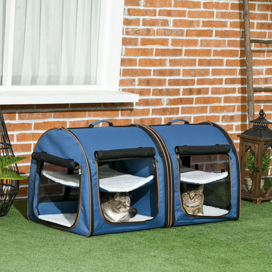 KFX-8330301 Portable Blue Soft-Sided Cat Carrier with Divider, Hammocks, Cushions & Easy Storage for Travel