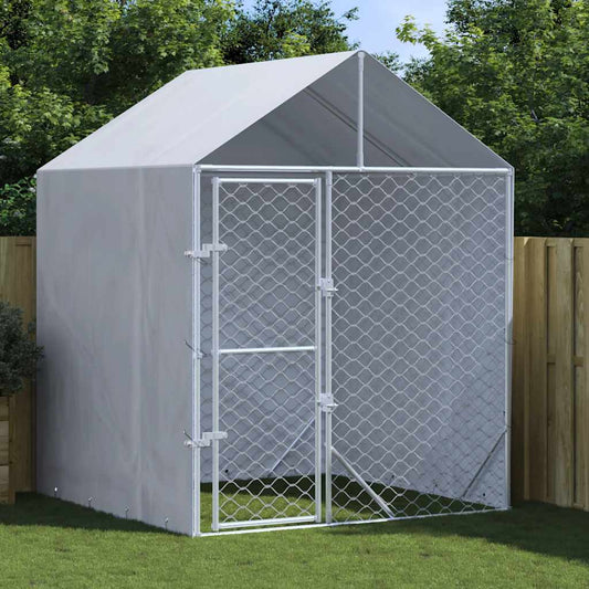 KFX-8350397 Spacious Outdoor Dog Kennel with Roof, Galvanized Steel, Silver, 2x2x2.5 m
