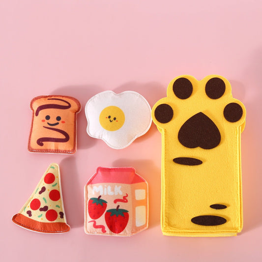 Felt Toy Built-in Catnip Bell Pizza Toast Relieving Stuffy Smell Cat Teaser Storage Box Set Gift