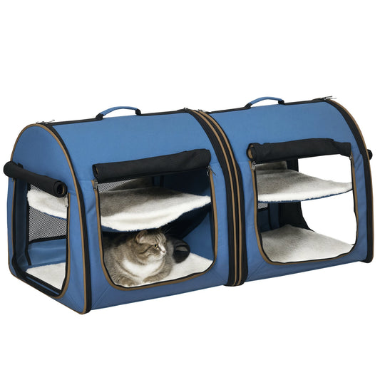 39" Portable Soft-Sided Cat Carrier, Cat Kennel, Travel Dog Crate with Divider, Two Compartments, Soft Cushions & Storage Bag, Easy to Fold, Blue