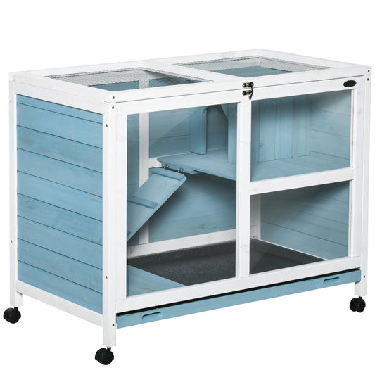 Fir Wood Rabbit Hutch Indoor Home with a Living Room for Sleeping Run Area, Blue