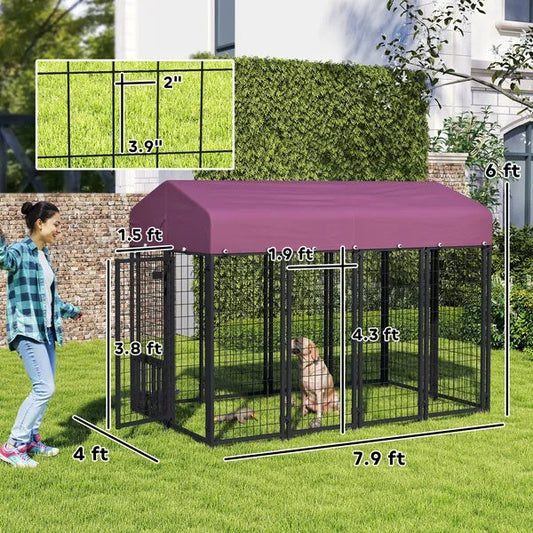 Welded Wire Outdoor Dog Kennel With 360 Rotating & 4 Levels Adjustable Bowls, Waterproof Cover