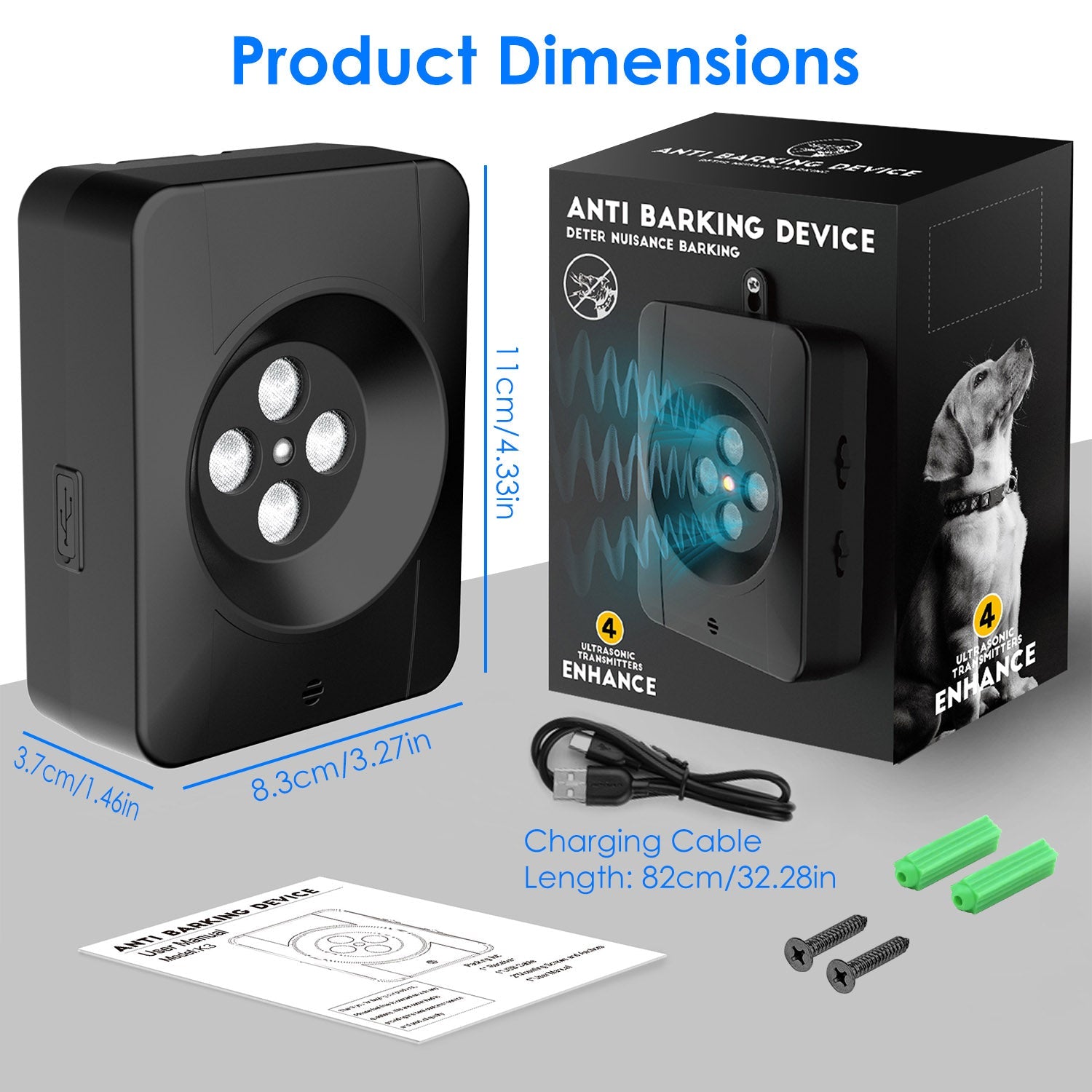KFX-0189373 Ultrasonic Anti-Barking Device for Dogs with Adjustable Frequencies and IP45 Waterproof Design