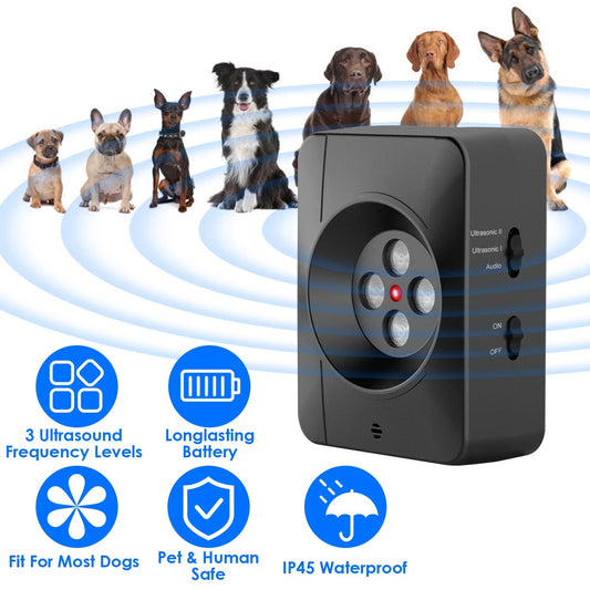 KFX-0189373 Ultrasonic Anti-Barking Device for Dogs with Adjustable Frequencies and IP45 Waterproof Design