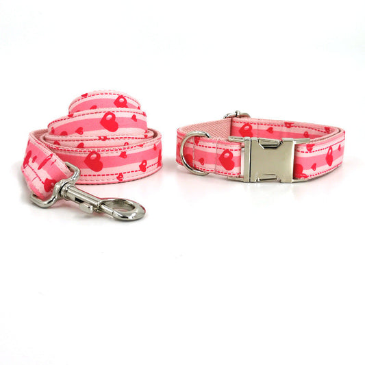 KFX-0268989 Sweetheart Pink Heart Print Pet Collar and Leash Set with Bow
