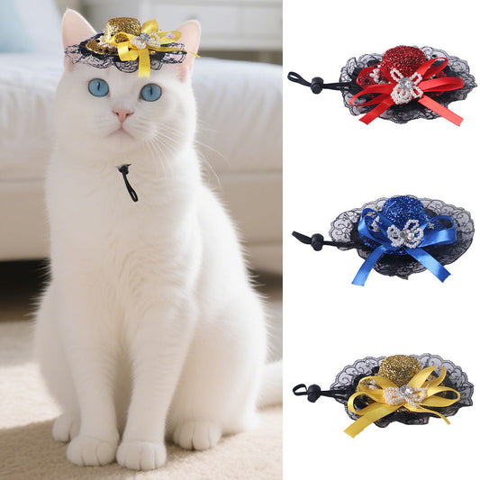 KFX-0662205 Embroidered Cloth Pet Lace Hat for Cats in Red, Gold, and Blue