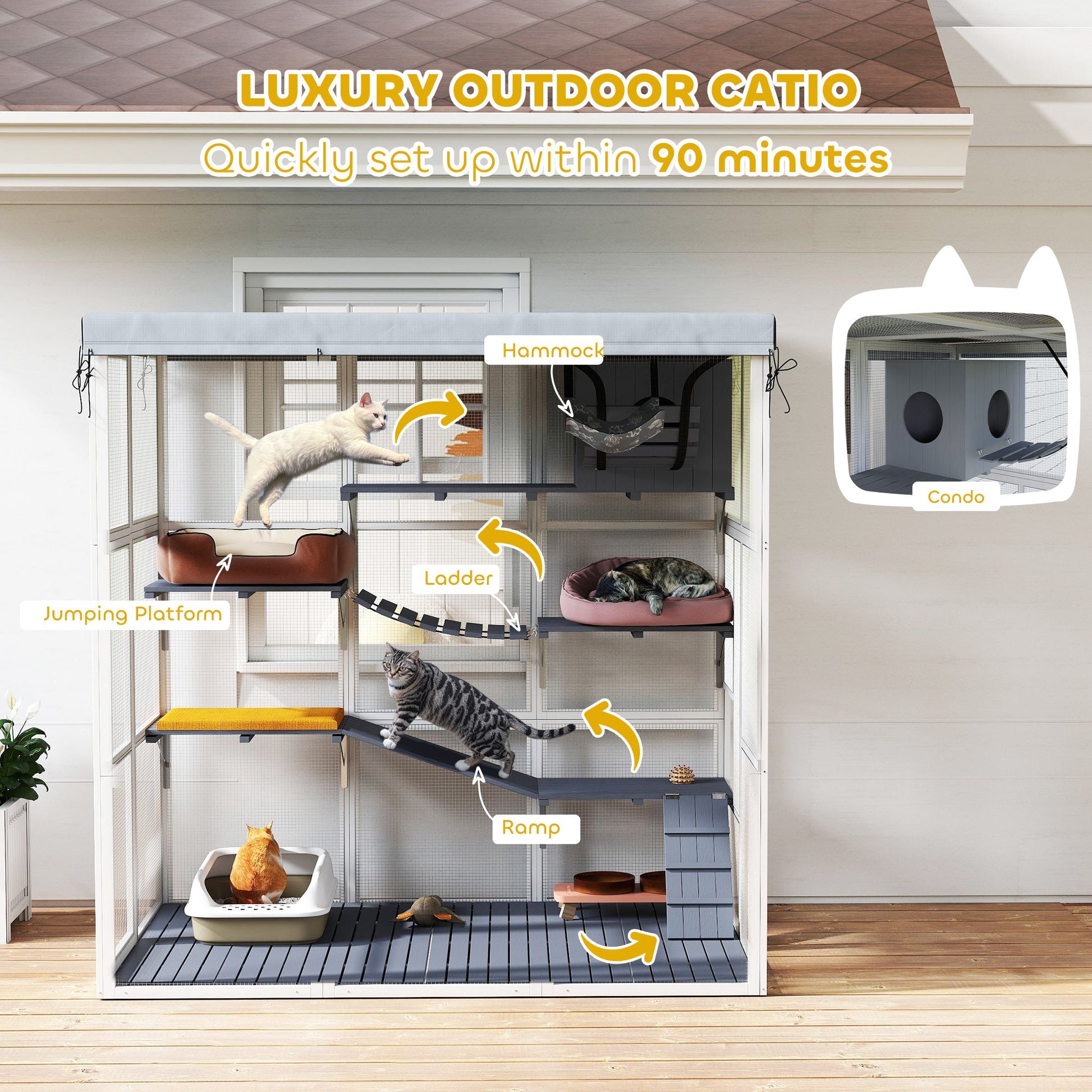 KFX-0679229 Spacious Gray Outdoor Catio Enclosure for 2-4 Large Cats with Hammock, Condo, Ladders and Ramps