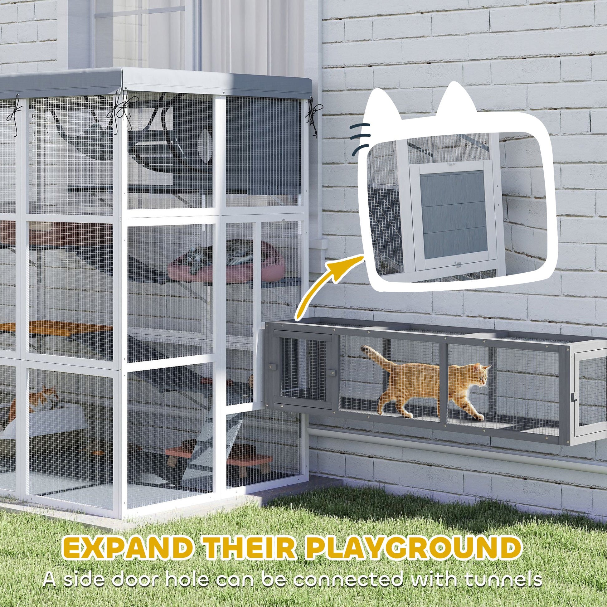 KFX-0679229 Spacious Gray Outdoor Catio Enclosure for 2-4 Large Cats with Hammock, Condo, Ladders and Ramps