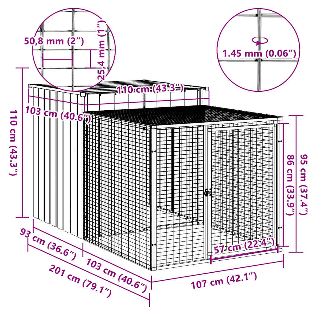 KFX-0843069 Chicken Coop with Run in Anthracite - Galvanized Steel, Dimensions 110x201x110 cm