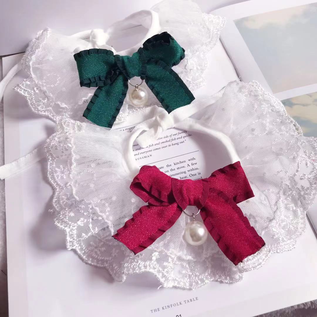 KFX-0843709 Lace Pet Bib for Cats and Dogs - Seasonal Nylon Towel, Wine Red & Dark Green in Various Sizes