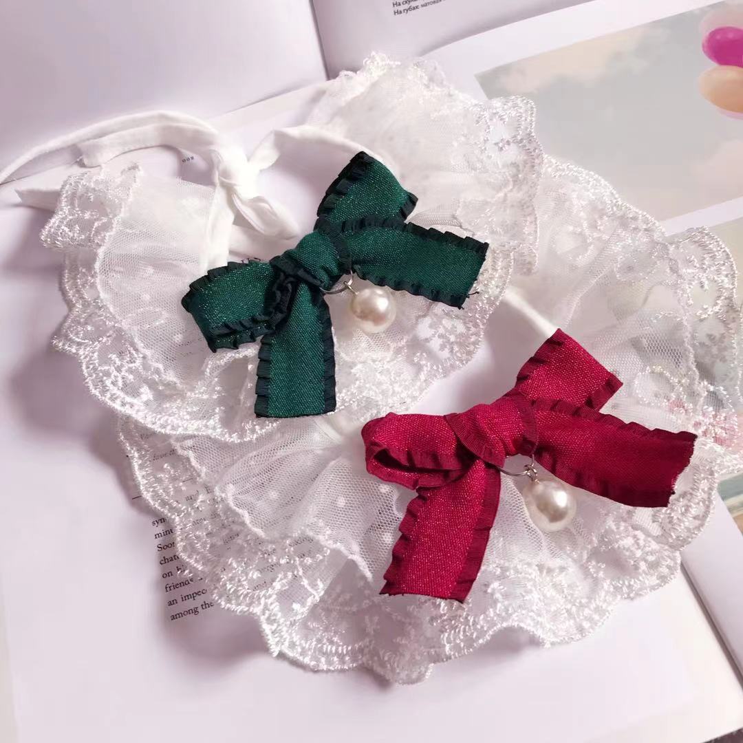 KFX-0843709 Lace Pet Bib for Cats and Dogs - Seasonal Nylon Towel, Wine Red & Dark Green in Various Sizes