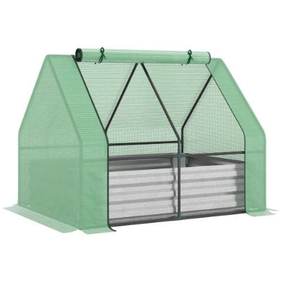 KFX-0908605 Galvanized Raised Garden Bed with Mini Greenhouse Cover and Roll-Up Windows for Outdoor Planting, 50 x 37.5 x 36.25 Inches
