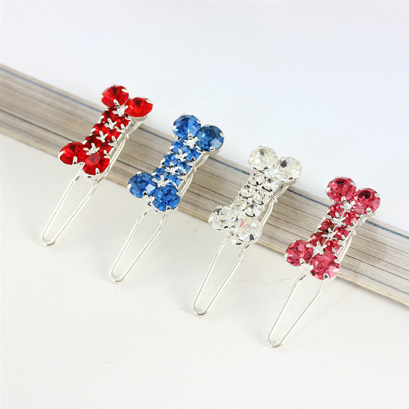 KFX-0989885 Rhinestone Dog Bone Barrettes in White, Pink, Blue, and Red - Stylish Pet Decoration Accessory