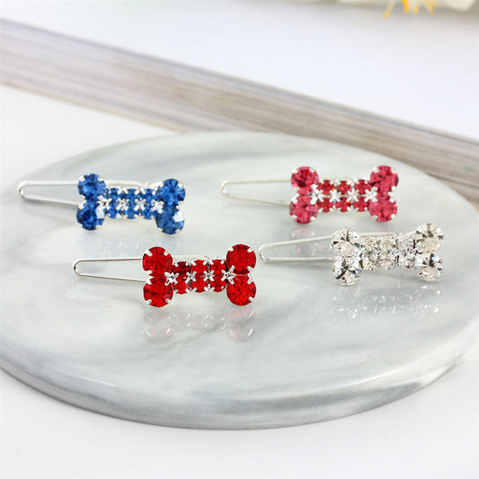 KFX-0989885 Rhinestone Dog Bone Barrettes in White, Pink, Blue, and Red - Stylish Pet Decoration Accessory