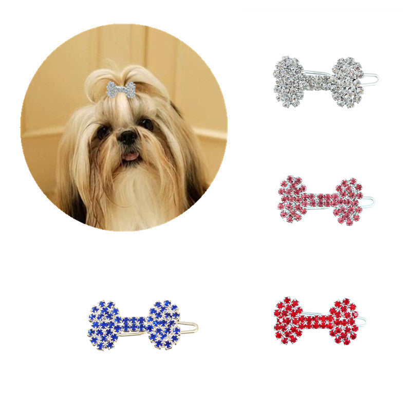 KFX-1055421 Diamond Dog Bone Barrettes for Cats and Dogs in White, Pink, Blue, Red - Stylish Casual Accessory
