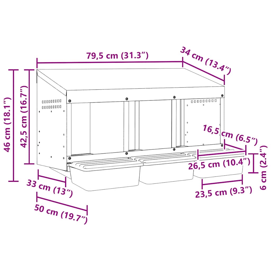 KFX-1072445 Wall-Mounted Chicken Nesting Box with 3 Compartments - Galvanized Steel Construction